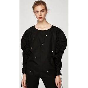 ZARA One Faux Pearl Front Blouse Top Adjustable Puffy Sleeves M Black AvantGarde